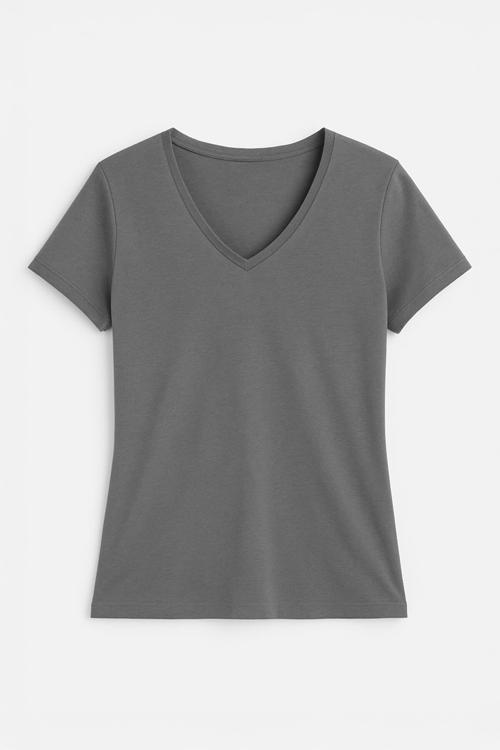 Kadın V Yaka Kısa Kollu Düz T-Shirt