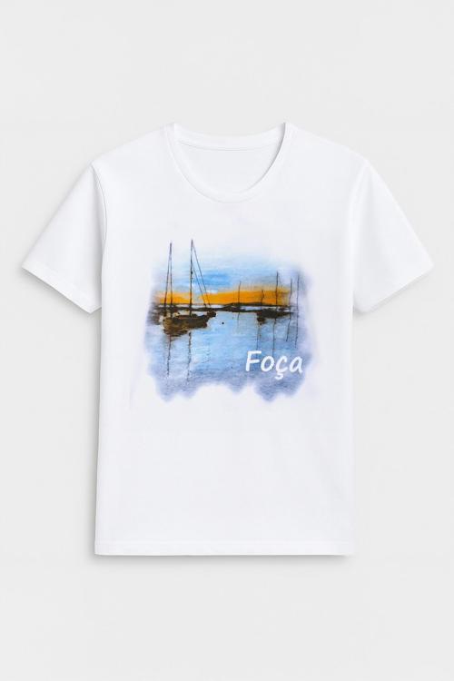 Kadın Bisiklet Yaka %100 Pamuk Foça Baskılı Kısa Kollu T-Shirt