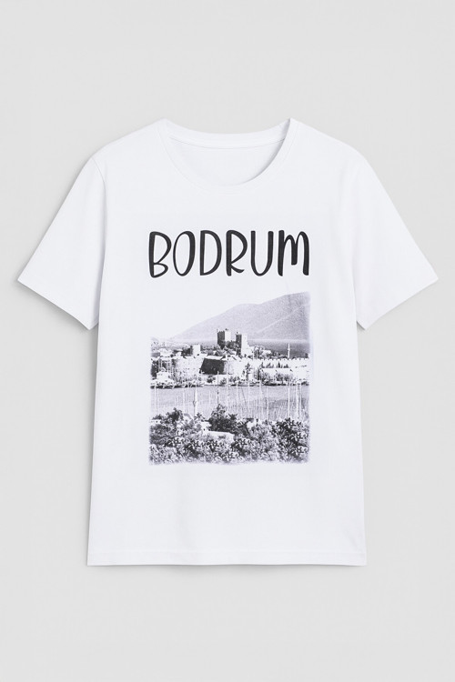 Kadın Bisiklet Yaka %100 Pamuk Bodrum Baskılı Kısa Kollu T-Shirt