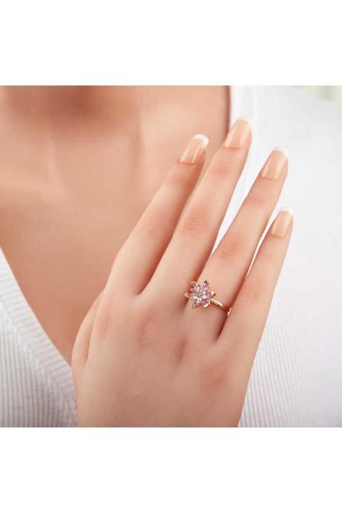 Gümüş Rose Lila Taşlı Lotus Çiçeği Kadın Yüzük
