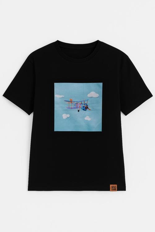 Kadın Bisiklet Yaka %100 Pamuk Helikopter Baskılı Kısa Kollu T-Shirt