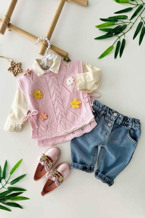 Lüx Çiçek Detaylı Triko 3 Parça Kız Bebe Takım - Pembe