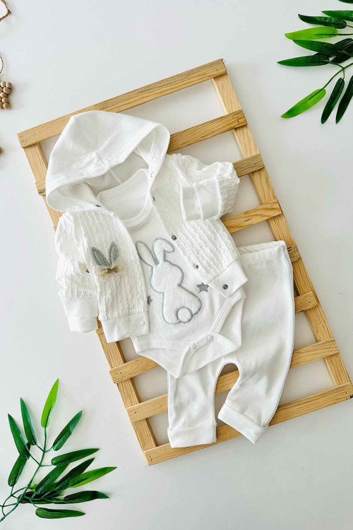 Tavşan Detaylı Kapüşonlu Kız Bebe 3 lü Takım - Beyaz