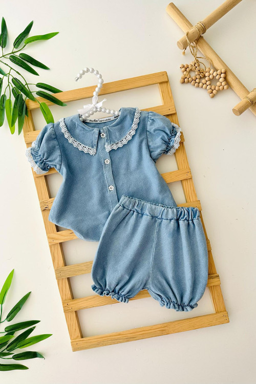 Yumuşak Kot Yaka Fisto Detaylı Kız Bebe Şortlu Takım - Mavi