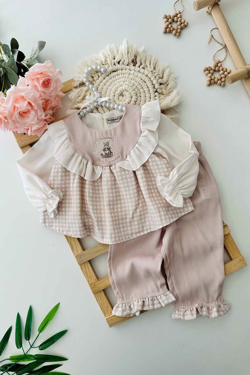 Tavşan İşleme Detaylı Fırfırlı Kız Bebe 2 li takım - Pudra