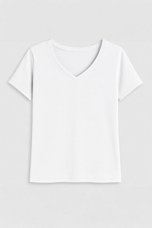 Kadın V Yaka Kısa Kollu İnce Esnek T-Shirt