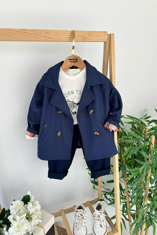 Düğmeli Renkli Astarlı Trençkotlu Unisex 3 lü Takım - Lacivert