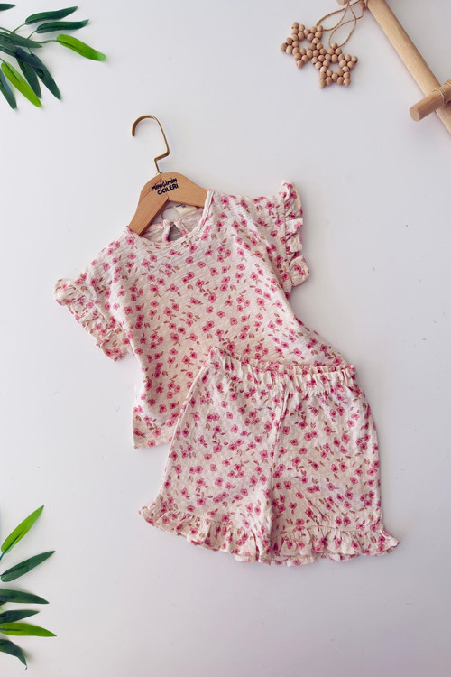 Müslin Çiçek Bezeli Kız Bebe 2 li Pamuk Takım - Pembe