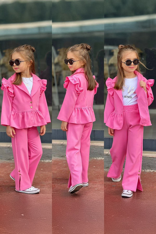 Volanlı Ceketli Kız Çocuk 3 lü Takım - Pembe