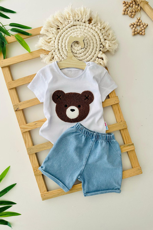 Ayıcık Panç İşlemeli Yumuşak Kotlu Unisex Bebe 2 li Takım - Mavi