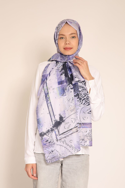 Lila ve Siyah Geometrik Desenli Soft Kumaş Şal – Modern ve Şık Tasarım