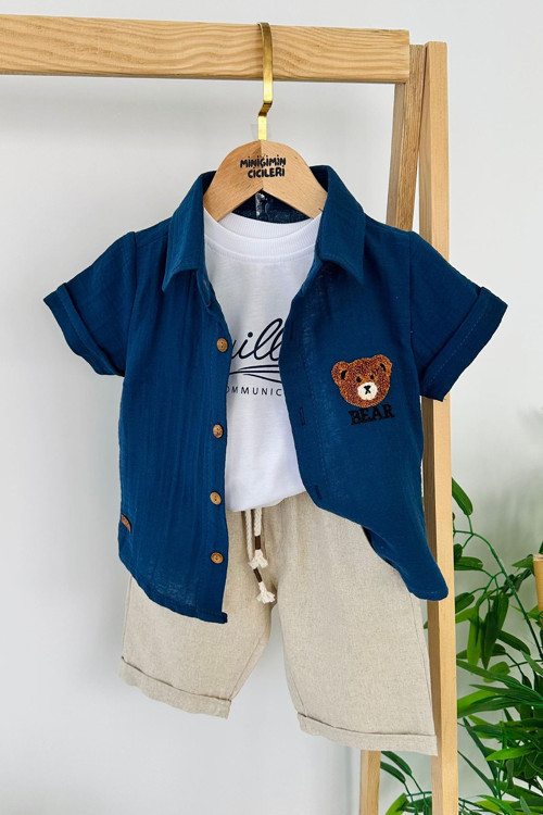 Müslin Bear Panç İşlemeli Erkek Çocuk 3 lü Şortlu Takım - Mavi