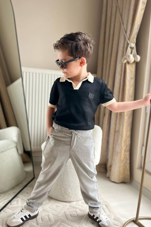 Polo Yaka Erkek Çocuk Tişört ve Pantolon 2 li Takım - Gri
