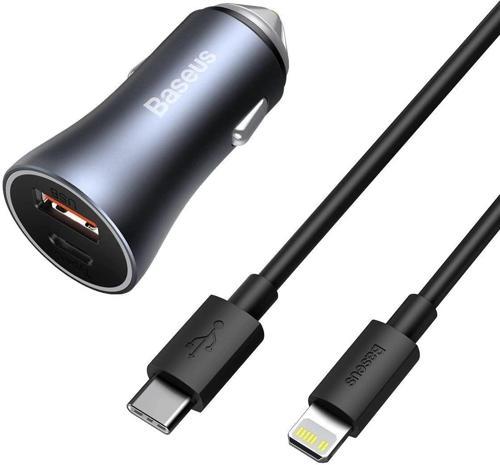 Golden Connector Pro U+C 40W Type-C To Lightning Kablo Setli Araç İçi Şarj Cihazı Koyu Gri