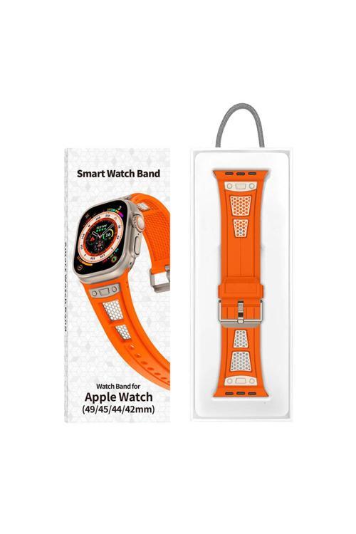 20068310 Apple Watch 7/8/9 45Mm Uyumlu Hava Alabilen Delikli Metal Süslemeli Desenli Silikon Kordon