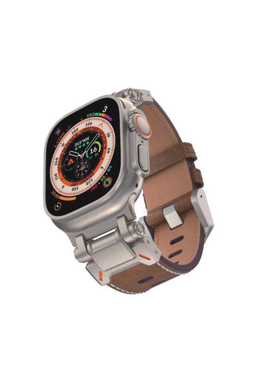 20068310 Apple Watch 4/5/6/Se (1.Nesil)/Se 45Mm İle Uyumlu Kordon Metal Başlıklı Suni Deri Kordon