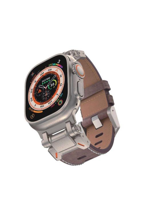 20068310 Apple Watch 4/5/6/Se (1.Nesil)/Se 49Mm İle Uyumlu Kordon Metal Başlıklı Suni Deri Kordon