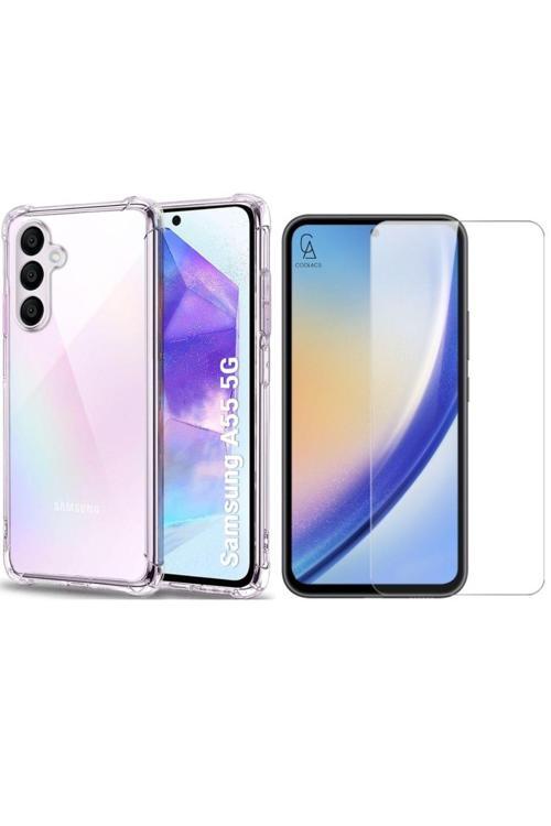 20068310 Samsung Galaxy A55 Uyumlu Köşe Dolgulu Anti Shock Telefon Kılıfı Ve Kırılmaz Cam Ekran Koruyucu