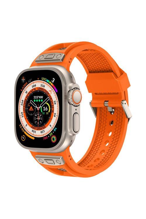 20068310 Apple Watch Ultra/Ultra2 49Mm Uyumlu Hava Alabilen Delikli Metal Süslemeli Desenli Silikon Kordon