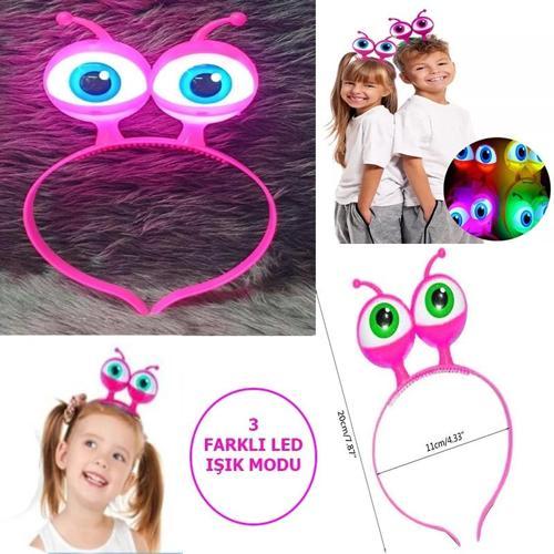 Led Işıklı &amp;amp; Pilli 3 Farklı Modda Yanan Uzaylı Göz Parti Tacı Pembe Renk 18x12 Cm