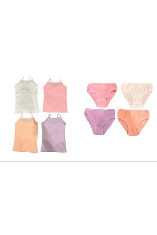 Pamuklu Penye Kız Çocuk Soft Pastel Fitilli Renkli Atlet  Külot 8'Li Konforlu Set Çok Renkli 3-4 Yaş