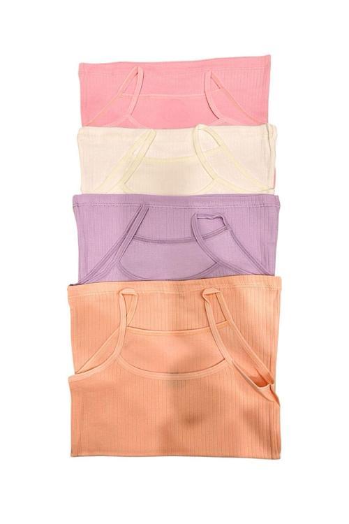 Pamuklu Penye Kız Çocuk Fitilli Soft Pastel Renkli Atlet 4'Lü Konforlu Set Çok Renkli 11-12 Yaş