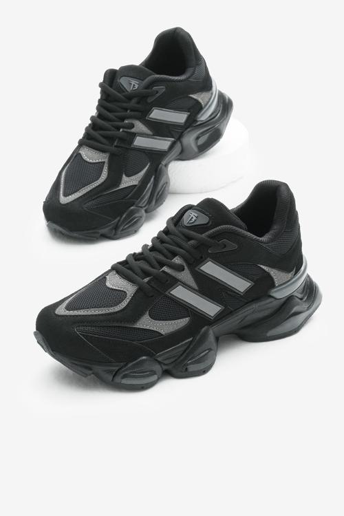 Unisex Siyah Poli Taban Anorak Desenli Yüksek Taban Bağcıklı Spor Ayakkabı