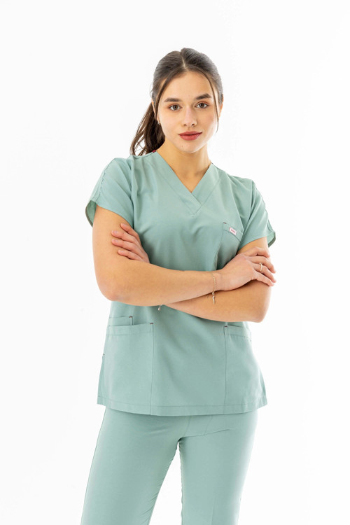 Terikoton Yarasa Kol Doktor Hemşire Forması Alt Üst Takım Küf Yeşili (TYRS0004)