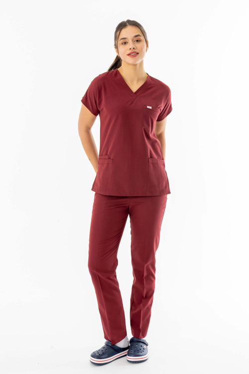 Terikoton Yarasa Kol Doktor Hemşire Forması Alt Üst Takım Bordo (TYRS0003)
