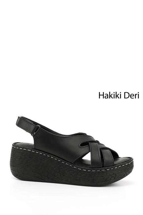 Kadın Siyah Cırt Bantlı Hakiki Deri Dolgu Tabanlı Sandalet