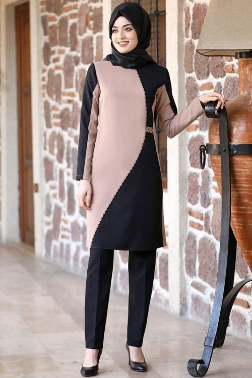 Yağmur Tesettür Tunik & Pantalon Ikili Takım & Vizon