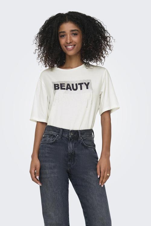 Onlsanni Taşlı Pamuklu Regular Fit Bisiklet Yaka Bayan T Shirt 15346650 BEYAZ-GRİ