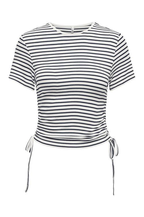 Onldevin Slim Fit Bisiklet Yaka Çizgili Büzgü Detaylı Bayan T Shirt 15346302 LACİVERT-KREM
