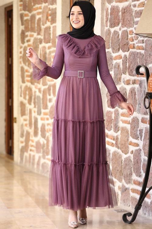 Damla Tesettür Elbise Gül Kurusu