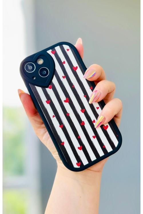 Iphone 13 Siyah Çizgili Kalp Desenli Kılıf