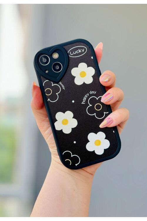 Iphone 13 Siyah Papatya Desenli Kılıf