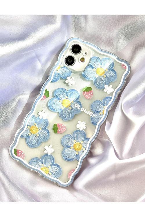 Iphone 11 Mavi Çiçekli Şeffaf Kılıf