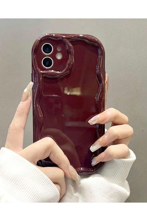 Iphone 12 Bordo Renk Düz Dalgalı Desenli Kılıf