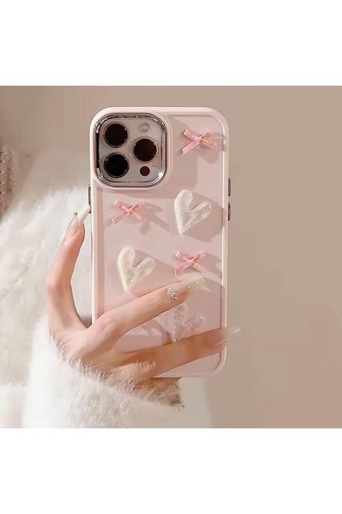 Iphone 16 Pro Max 3D Fiyonk/Kalp Dekorlu Pembe Kılıf