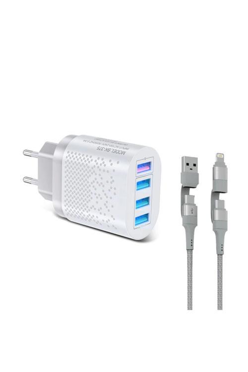 48 W 3 Amper 4 Usb Portlu Hızlı Şarj Cihaz - Çoklu Şarj - Siyah + 3 A Hızlı Şarj Kablosu 60W