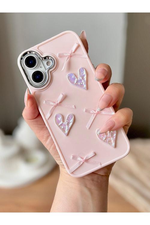 Iphone 16 Plus 3D Fiyonk/Kalp Dekorlu Pembe Kılıf