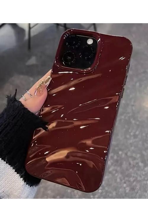 Iphone 14 Promax 3D Dalgalı Kabartmalı Parlak Yüzeyli Bordo Kılıf
