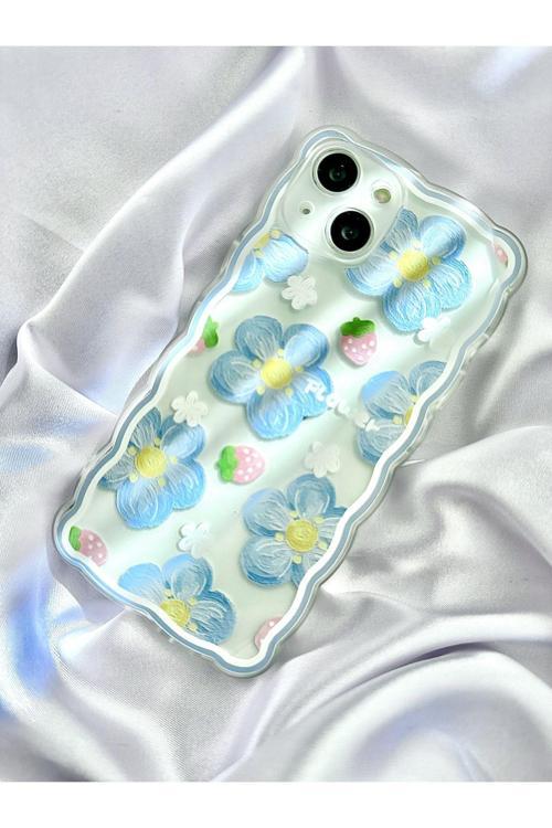 Iphone 14 Mavi Çiçekli Şeffaf Kılıf