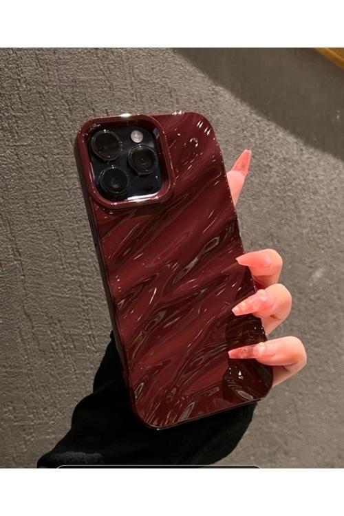 Iphone 16 Pro 3D Dalgalı Kabartmalı Parlak Yüzeyli Bordo Kılıf