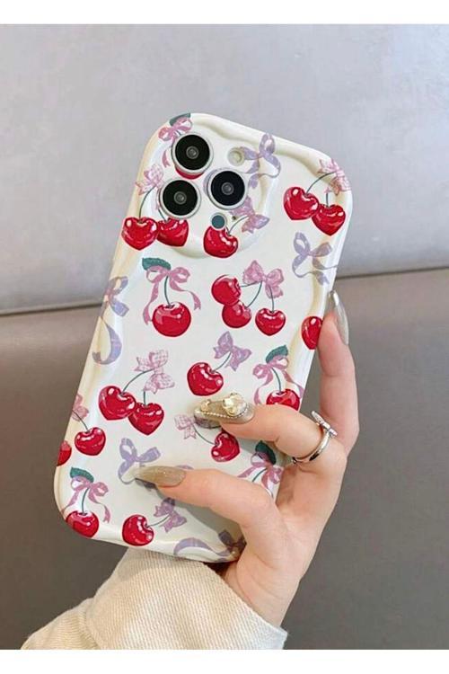 Iphone 16 Pro Max Kiraz / Fiyonk Desenli Ekru Renk Kılıf