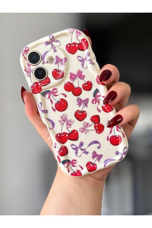 Iphone 16 Kiraz / Fiyonk Desenli Ekru Renk Kılıf