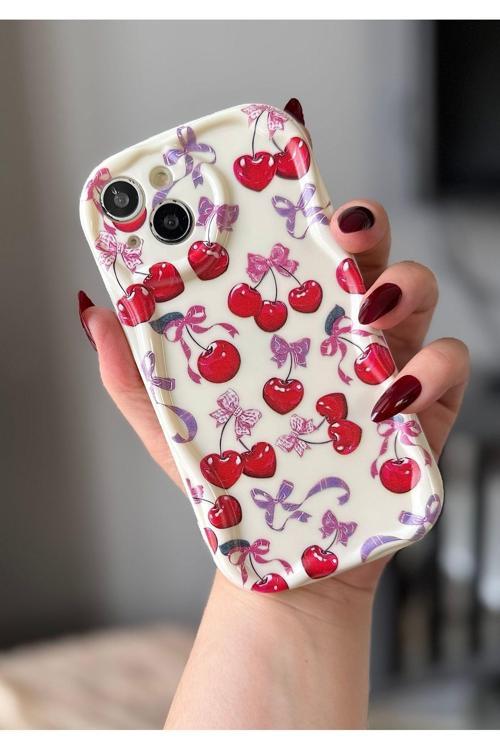 Iphone 15 Kiraz / Fiyonk Desenli Ekru Renk Kılıf