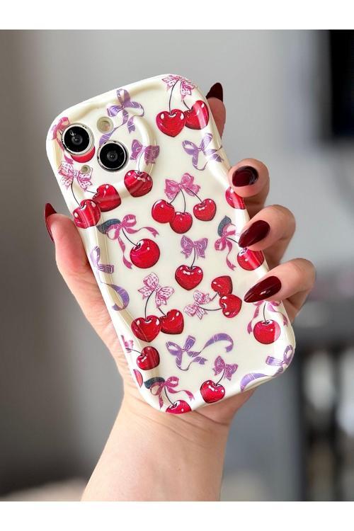 Iphone 13 Kiraz / Fiyonk Desenli Ekru Renk Kılıf
