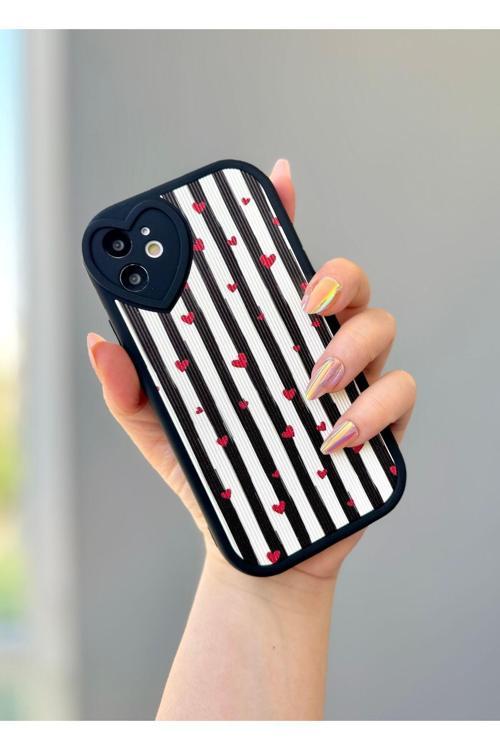 Iphone 11 Siyah Çizgili Kalp Desenli Kılıf
