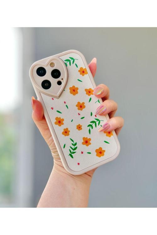 Iphone 15 Promax Kalp Detaylı Papatya Desenli Ekru Kılıf